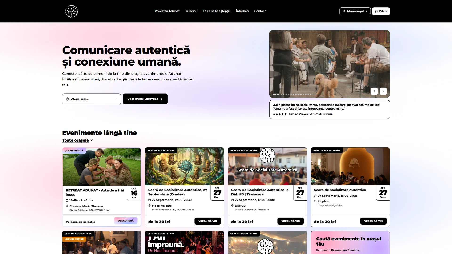 adunat.ro: Platform for authentic social events across Romania, with online ticketing and no account required.