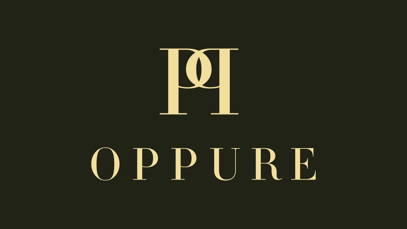Oppure: Logo e identidad visual para Oppure, proyecto personal de branding: un monograma de dos P enfrentadas que forman una O, con tipografía clásica y una paleta de dorado pálido y negro.