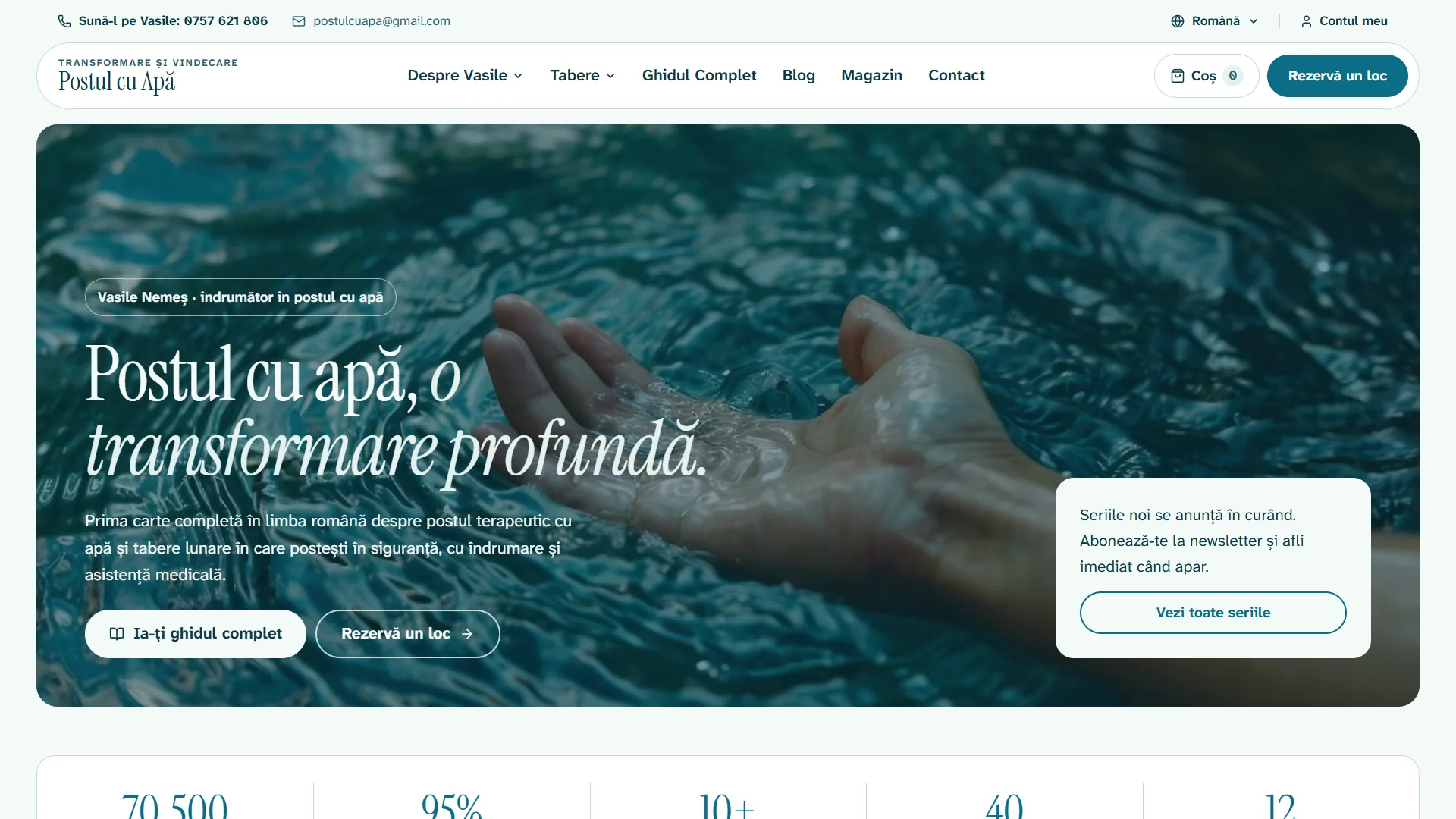 postulcuapa.ro, captura de escritorio: Plataforma bilingüe (7 idiomas) para retiros de ayuno con agua, con reservas, gestión de habitaciones y tienda.
