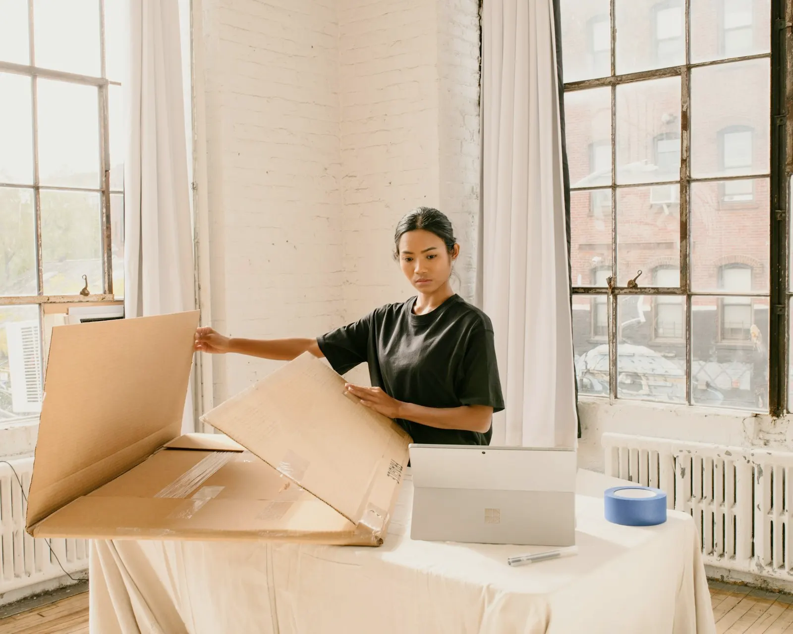 Mujer junto a una caja de cartón preparando un pedido sobre una mesa