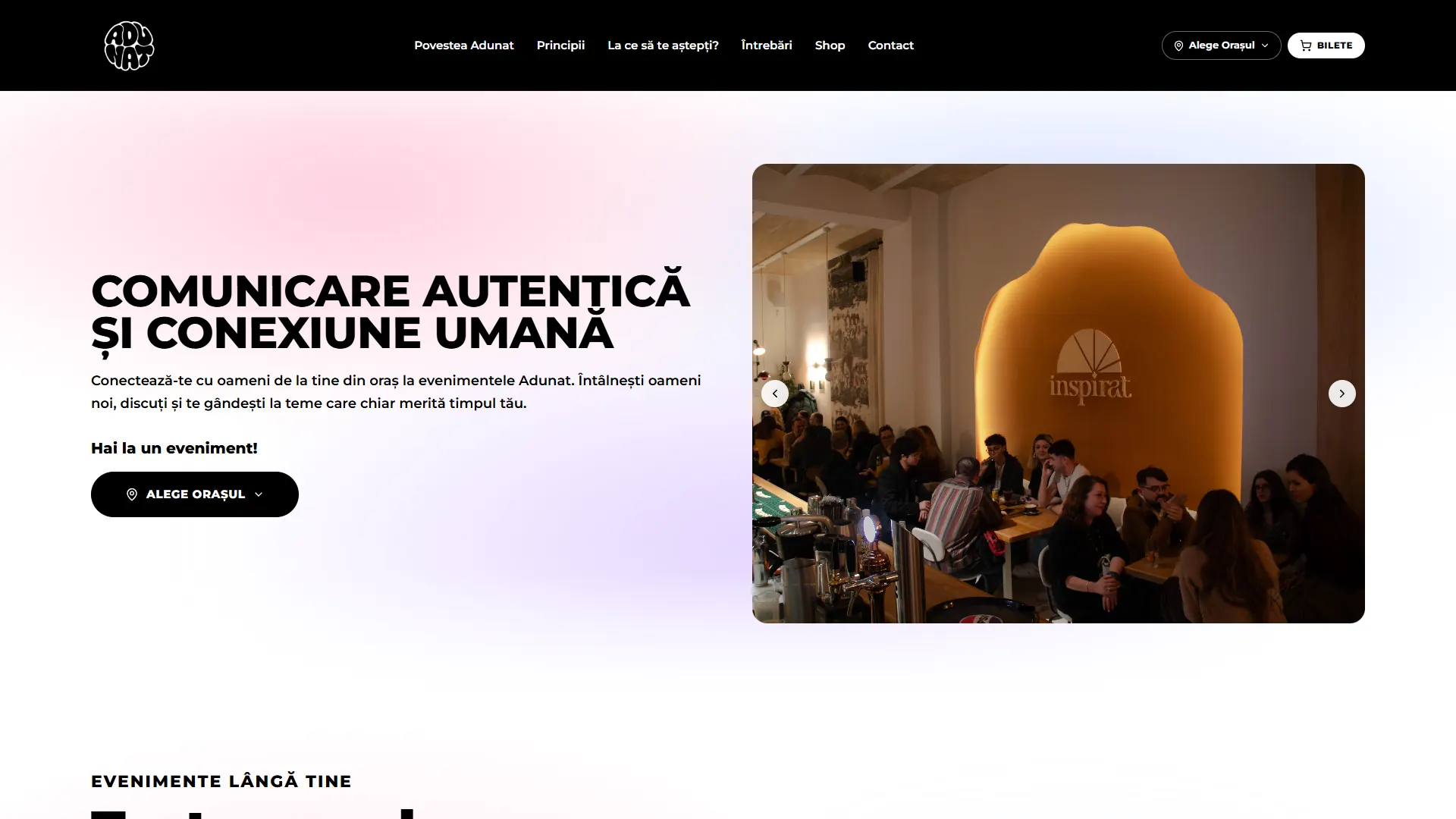 adunat.ro: Plataforma de eventos de socialización auténtica por toda Rumanía, con venta de entradas online sin necesidad de cuenta.