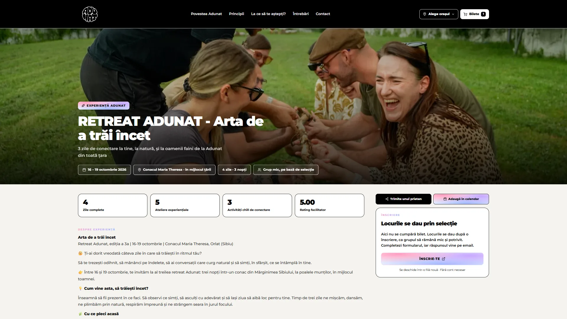 adunat.ro: Página de experiencia (retreat)