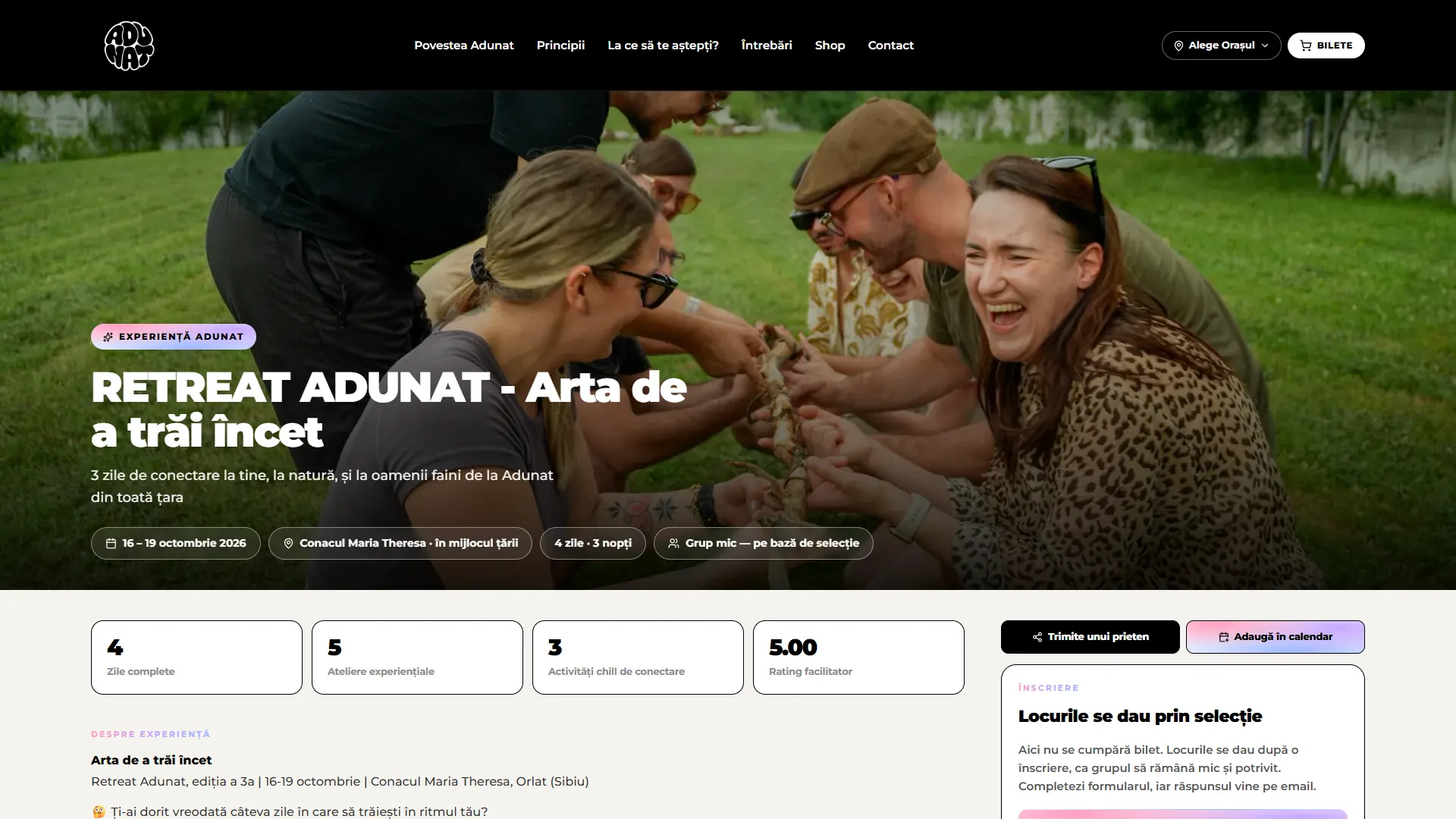adunat.ro: Página de experiencia (retreat)