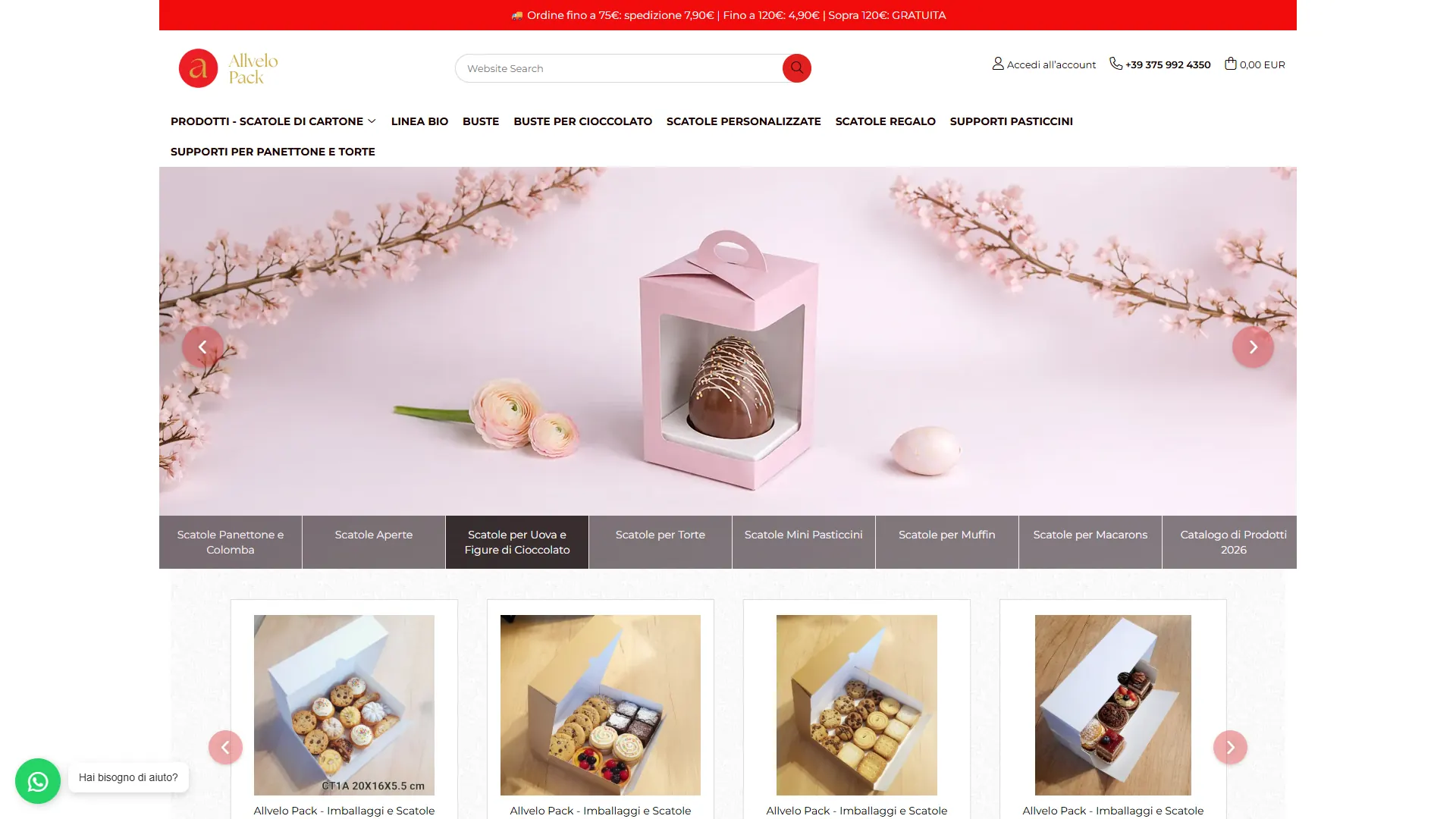 allvelopack.com: Tienda de packaging para pastelería y confitería, orientada al mercado italiano.