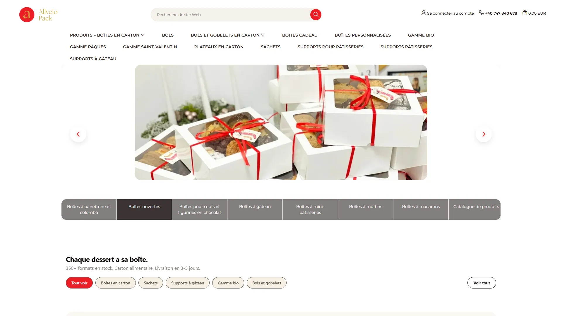 allvelopack.fr: La extensión al mercado francés de Allvelo: tienda online en francés con más de 350 formatos de cajas para pastelería, chocolatería y panadería.