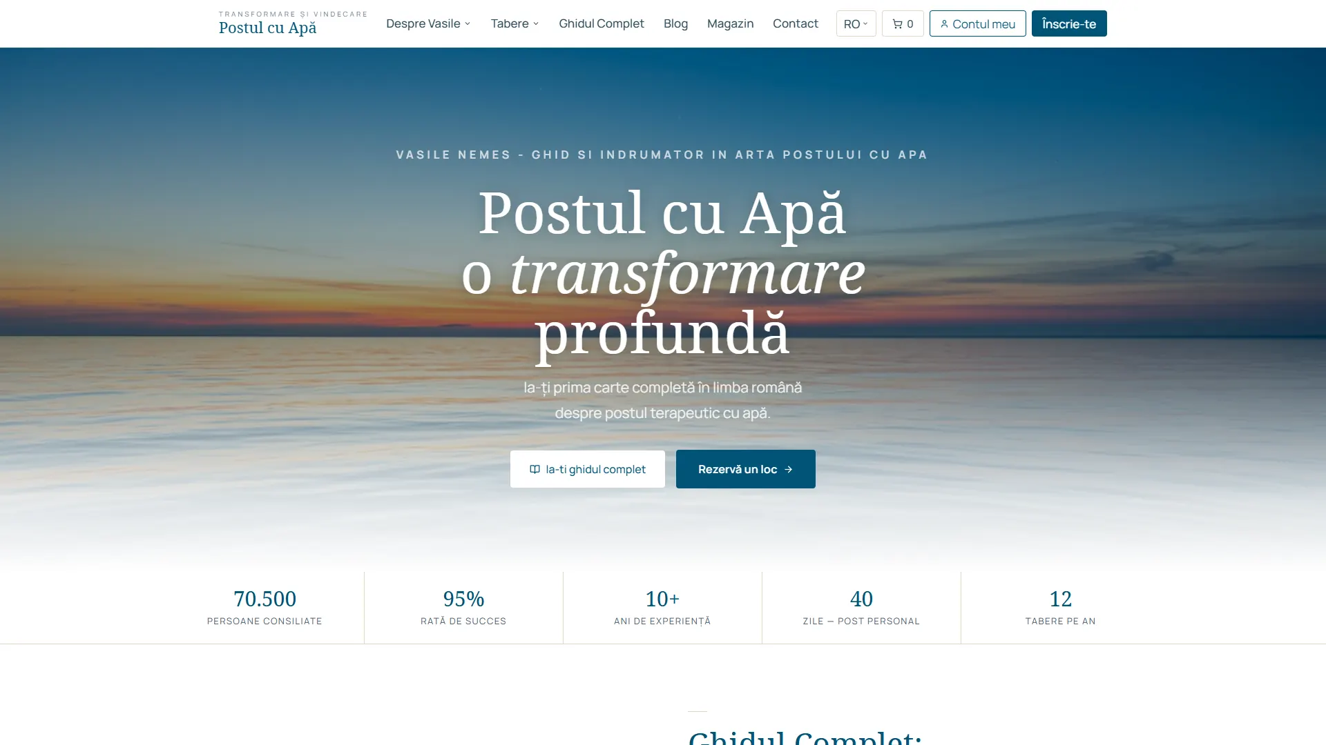 postulcuapa.ro: Plataforma bilingüe (7 idiomas) para retiros de ayuno con agua, con reservas, gestión de habitaciones y tienda.
